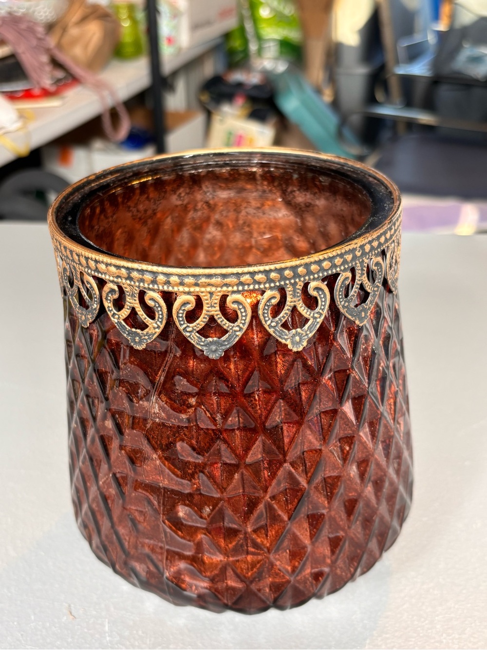 Amber Glass Candle Holder Ornate Metal Filigree Boho Gothic Decor 6.5”